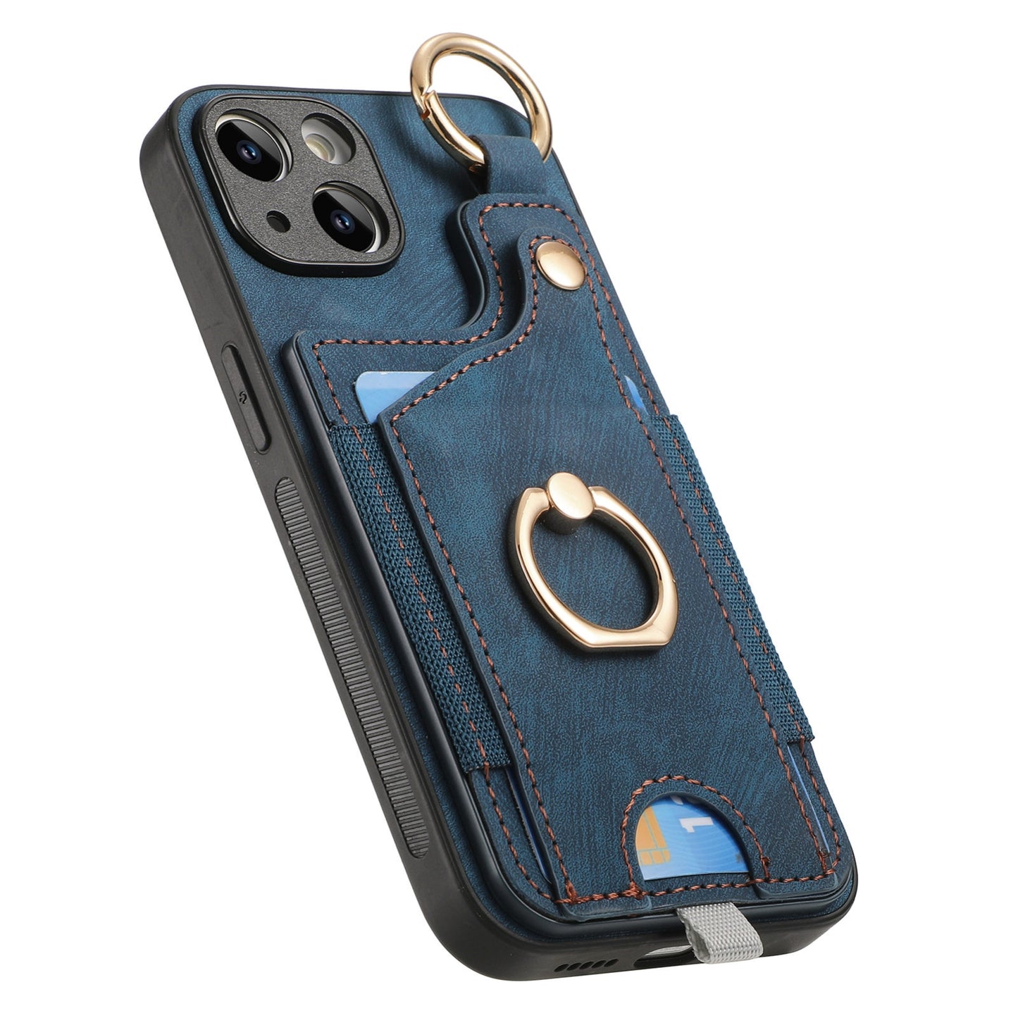 ELECTROPRIME For iPhone 15 Retro Skin-feel Ring Card Bag Phone Case with Hang Loop(Blue)
