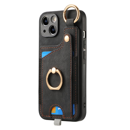 ELECTROPRIME For iPhone 15 Retro Skin-feel Ring Card Bag Phone Case with Hang Loop(Black)