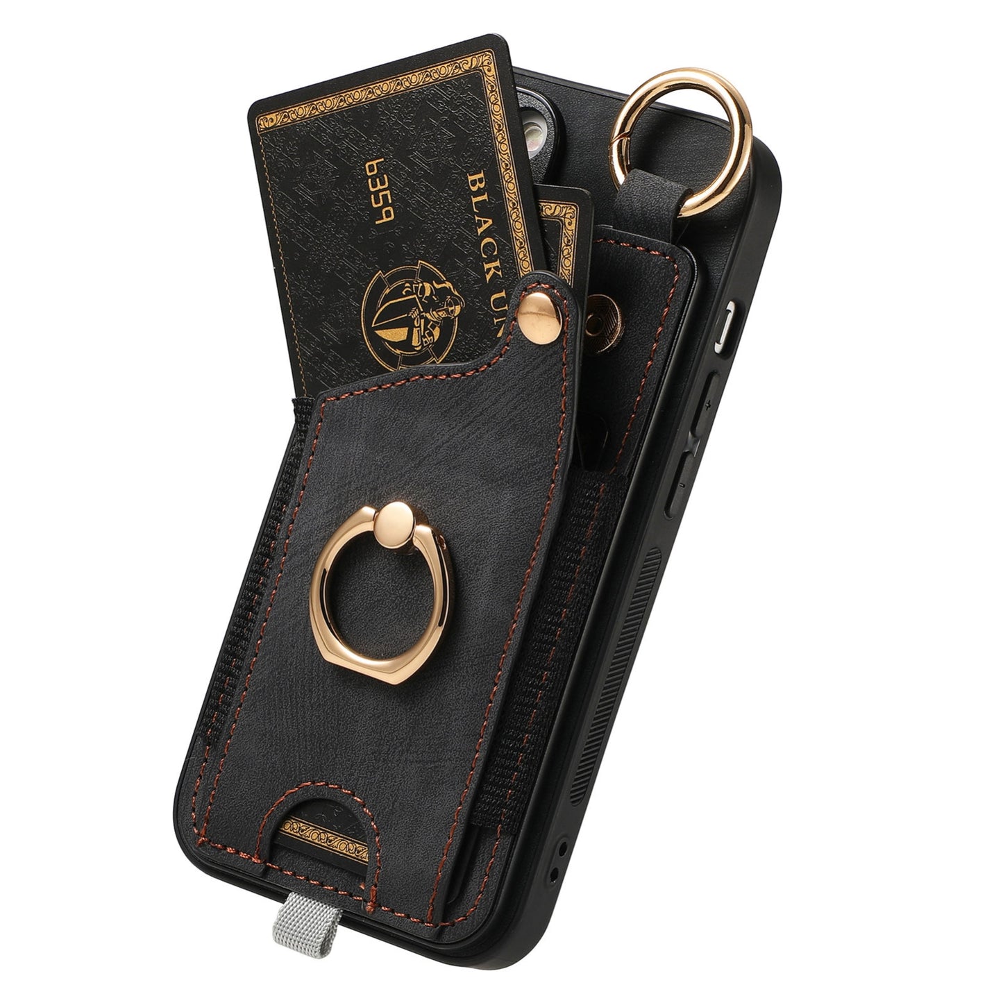 ELECTROPRIME For iPhone 15 Retro Skin-feel Ring Card Bag Phone Case with Hang Loop(Black)