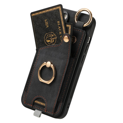 ELECTROPRIME For iPhone 15 Retro Skin-feel Ring Card Bag Phone Case with Hang Loop(Black)