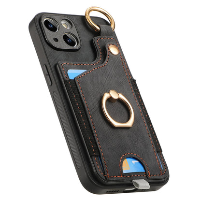 ELECTROPRIME For iPhone 15 Retro Skin-feel Ring Card Bag Phone Case with Hang Loop(Black)