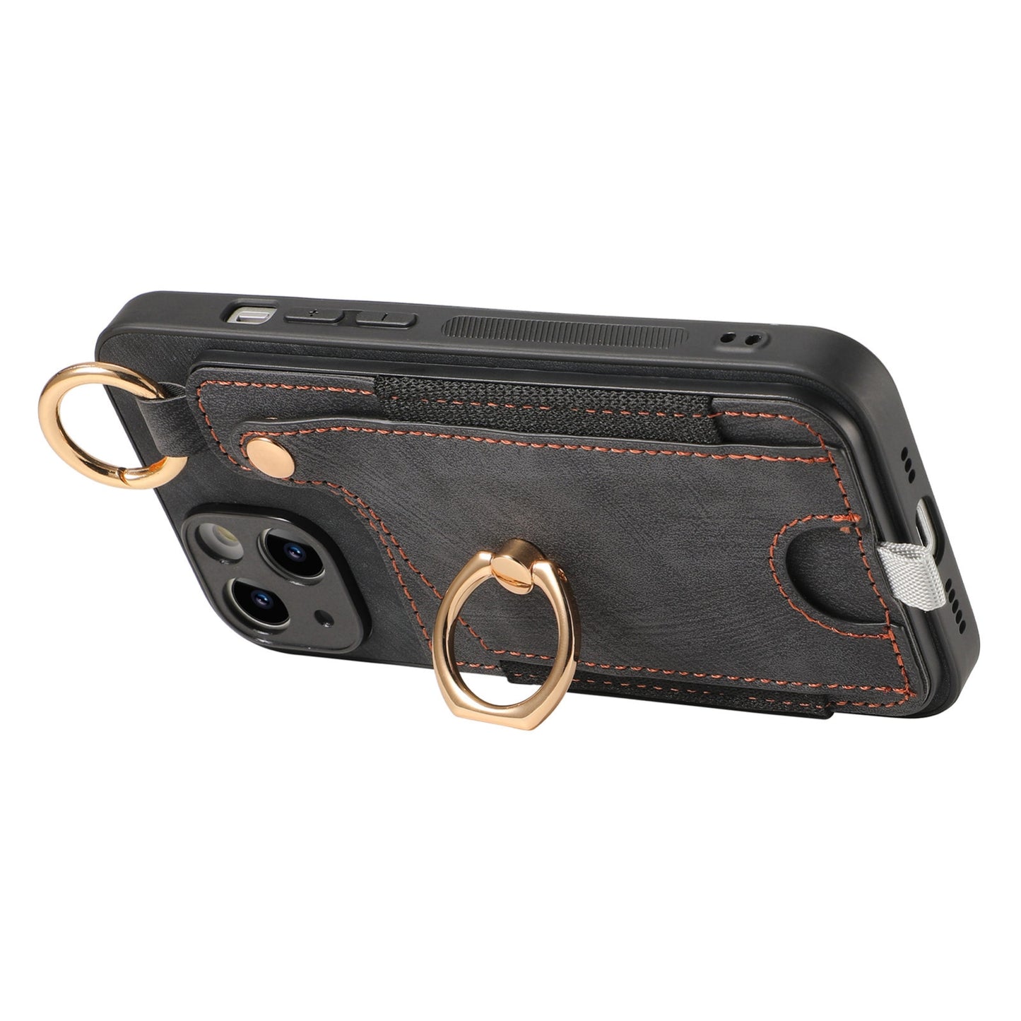 ELECTROPRIME For iPhone 15 Retro Skin-feel Ring Card Bag Phone Case with Hang Loop(Black)