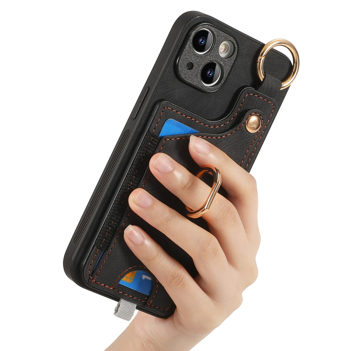 ELECTROPRIME For iPhone 15 Retro Skin-feel Ring Card Bag Phone Case with Hang Loop(Black)