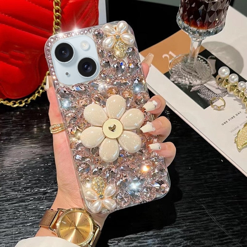 ELECTROPRIME For iPhone 15 Plus Sunflower Holder Hand-set Diamond PC Phone Case(Pink)