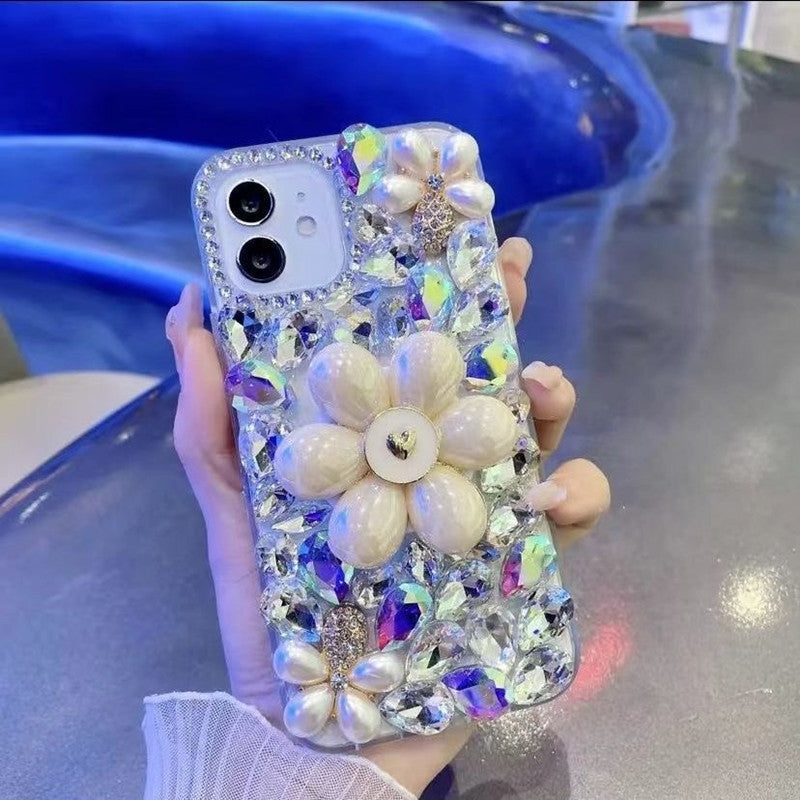 ELECTROPRIME For iPhone 15 Plus Sunflower Holder Hand-set Diamond PC Phone Case(Pink)