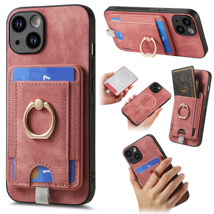 ELECTROPRIME For iPhone 15 Retro Splitable Magnetic Card Bag Leather Phone Case(Pink)