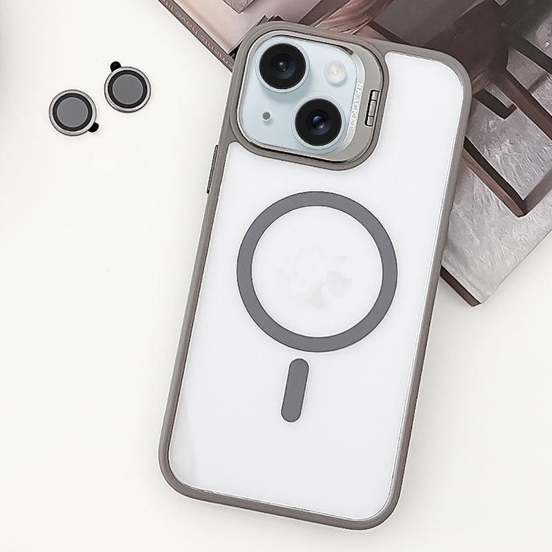ELECTROPRIME For iPhone 15 MagSafe Acrylic Hybrid TPU Holder Phone Case with Lens film(Grey)