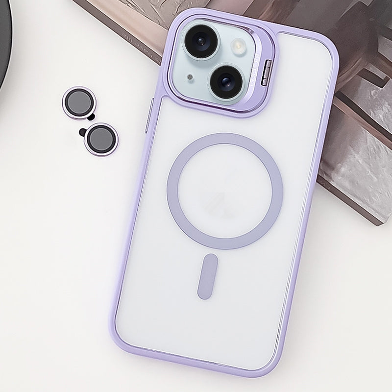 ELECTROPRIME For iPhone 15 MagSafe Acrylic Hybrid TPU Holder Phone Case with Lens film(Light Purple)