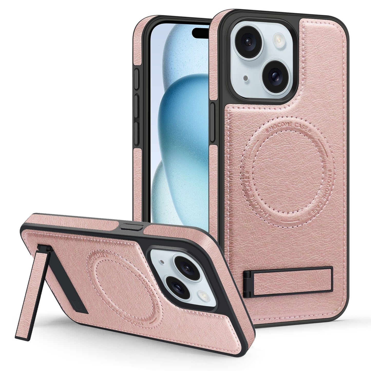 ELECTROPRIME For iPhone 15 Multi-function Holder MagSafe PU Phone Case(Rose Gold)