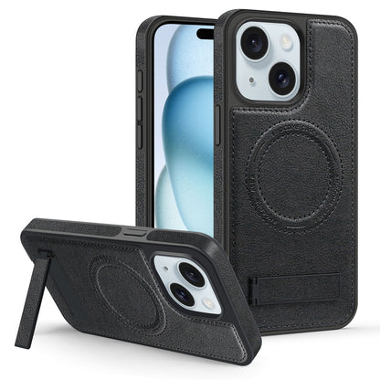 ELECTROPRIME For iPhone 15 Multi-function Holder MagSafe PU Phone Case(Black)