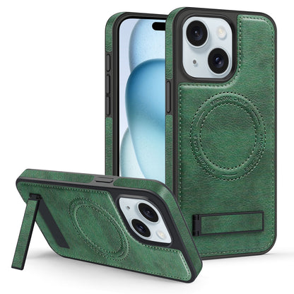ELECTROPRIME For iPhone 15 Multi-function Holder MagSafe PU Phone Case(Dark Green)