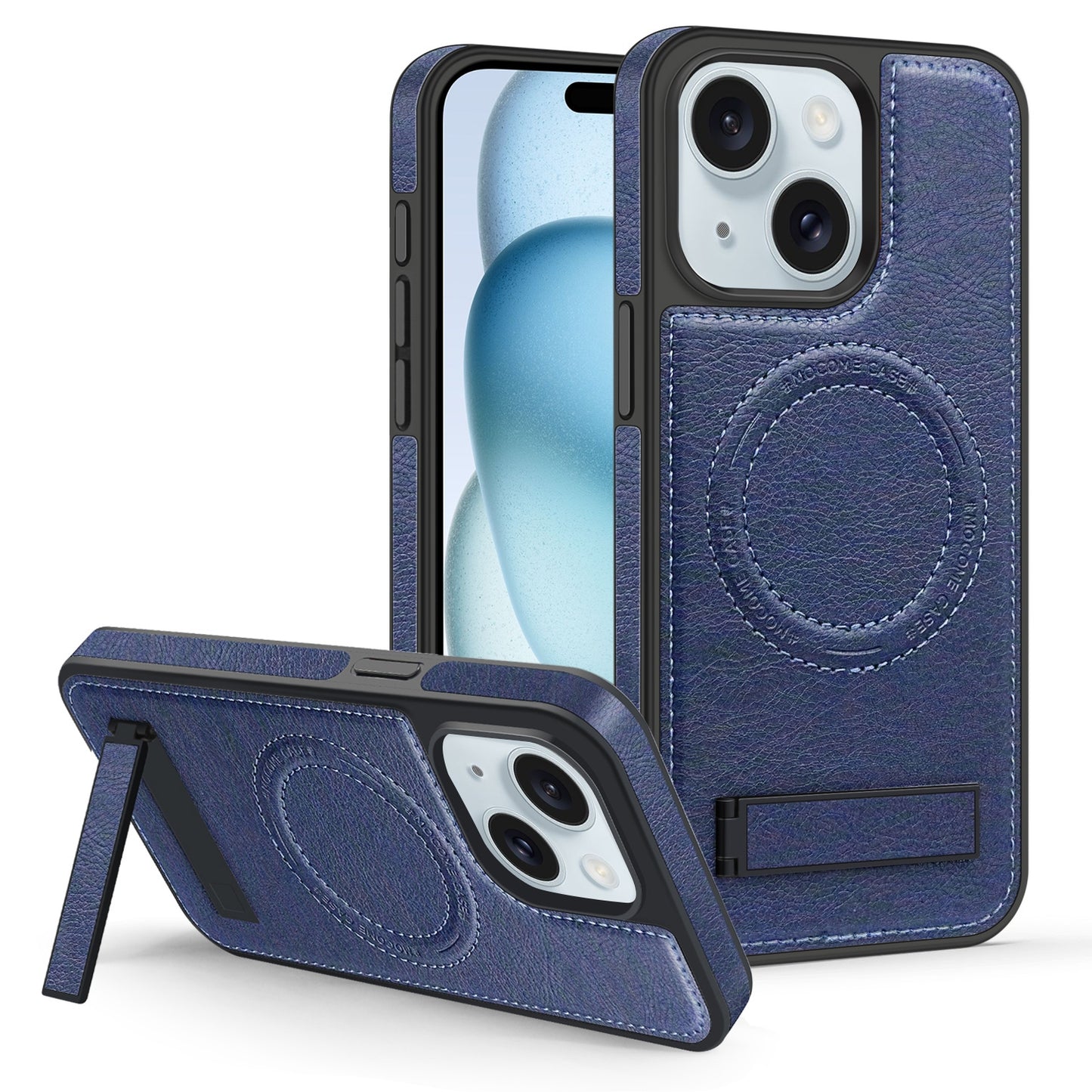 ELECTROPRIME For iPhone 15 Multi-function Holder MagSafe PU Phone Case(Blue)
