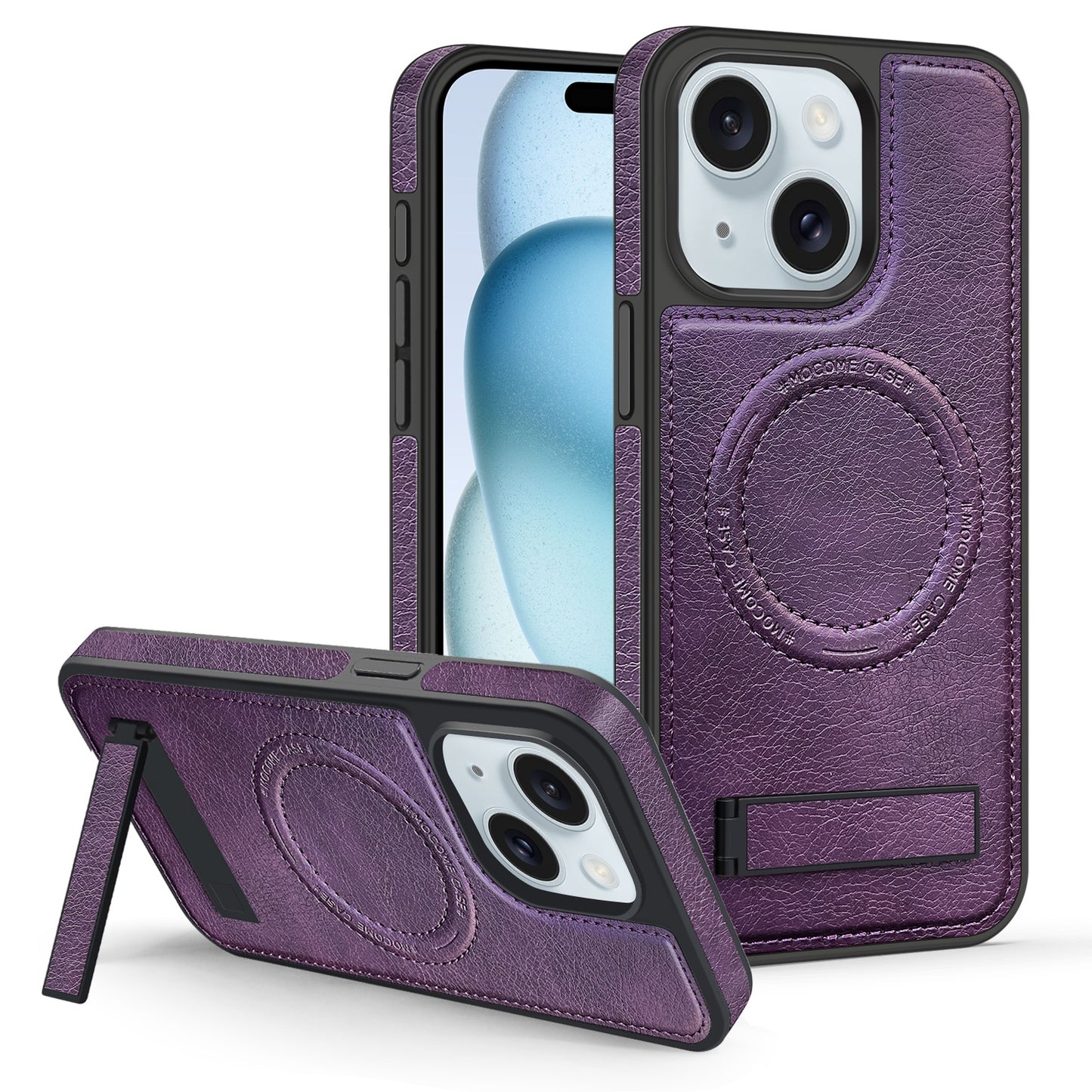 ELECTROPRIME For iPhone 15 Multi-function Holder MagSafe PU Phone Case(Mulberry)