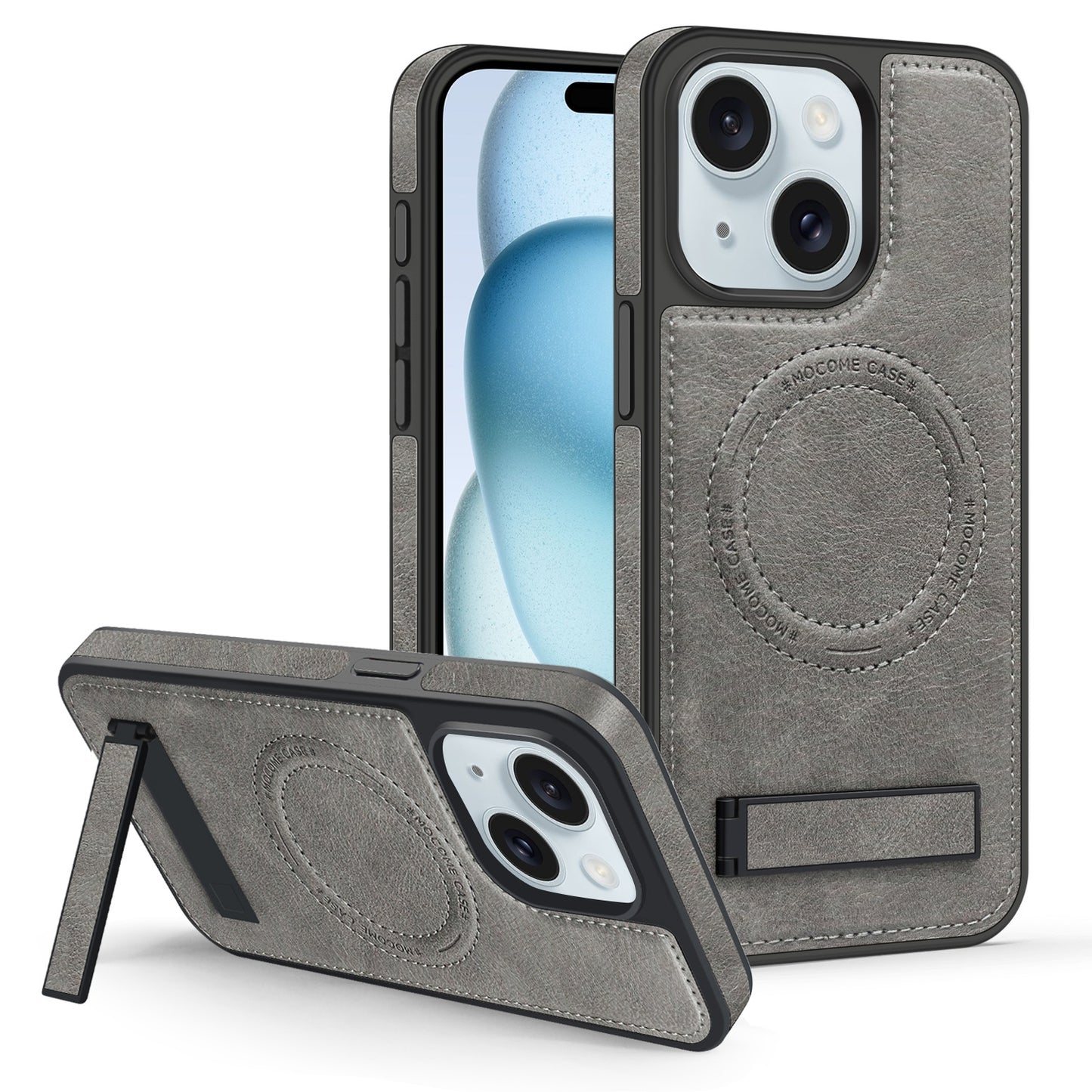 ELECTROPRIME For iPhone 15 Multi-function Holder MagSafe PU Phone Case(Gray)