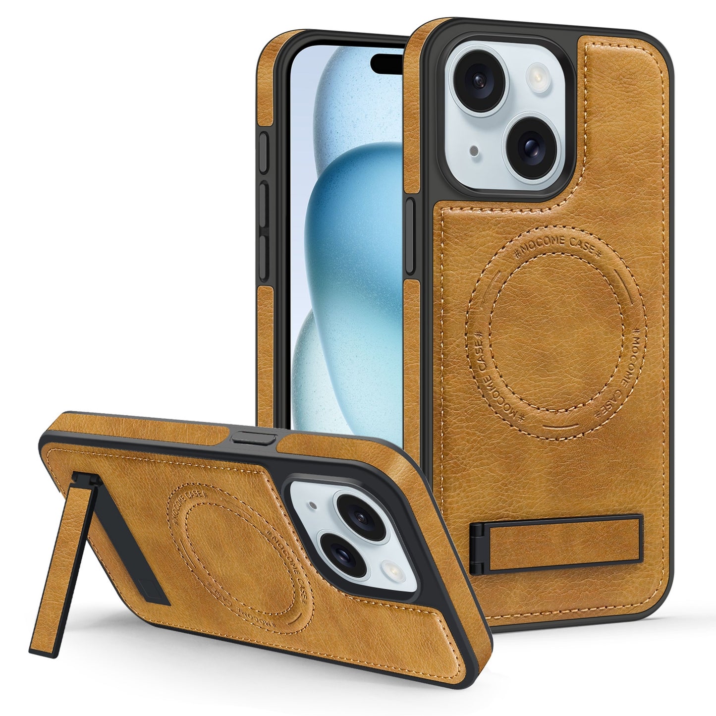 ELECTROPRIME For iPhone 15 Multi-function Holder MagSafe PU Phone Case(Brown)