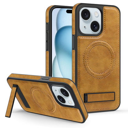 ELECTROPRIME For iPhone 15 Multi-function Holder MagSafe PU Phone Case(Brown)