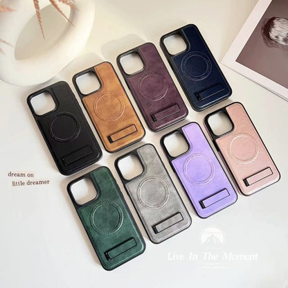 ELECTROPRIME For iPhone 15 Multi-function Holder MagSafe PU Phone Case(Rose Gold)
