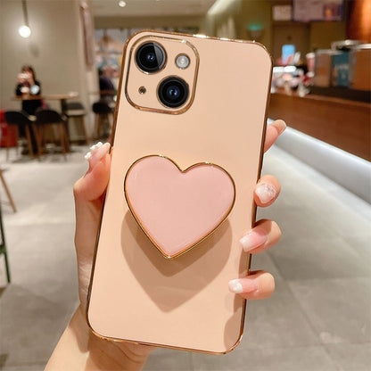 ELECTROPRIME For iPhone 15 Plus Electroplating Love Heart Holder TPU Phone Case(Pink)