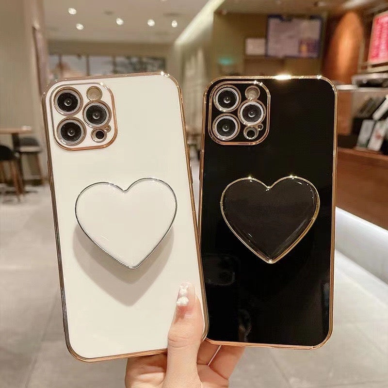 ELECTROPRIME For iPhone 15 Plus Electroplating Love Heart Holder TPU Phone Case(Pink)