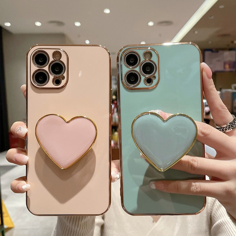 ELECTROPRIME For iPhone 15 Plus Electroplating Love Heart Holder TPU Phone Case(Pink)