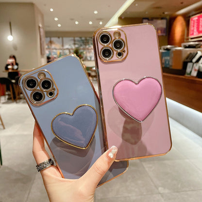 ELECTROPRIME For iPhone 15 Plus Electroplating Love Heart Holder TPU Phone Case(Pink)