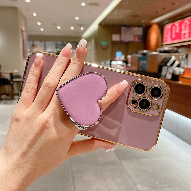 ELECTROPRIME For iPhone 15 Plus Electroplating Love Heart Holder TPU Phone Case(Pink)