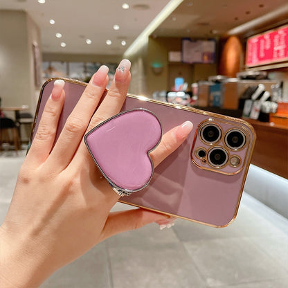 ELECTROPRIME For iPhone 15 Plus Electroplating Love Heart Holder TPU Phone Case(Pink)