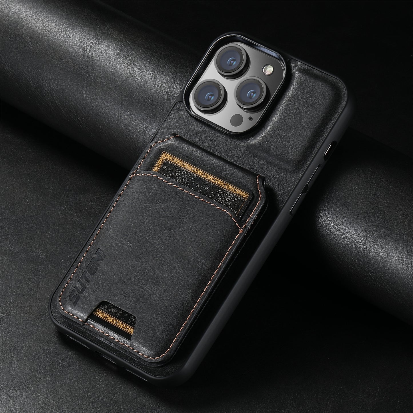 ELECTROPRIME For iPhone 15 Suteni H02 Leather Wallet Stand Back Phone Case(Black)
