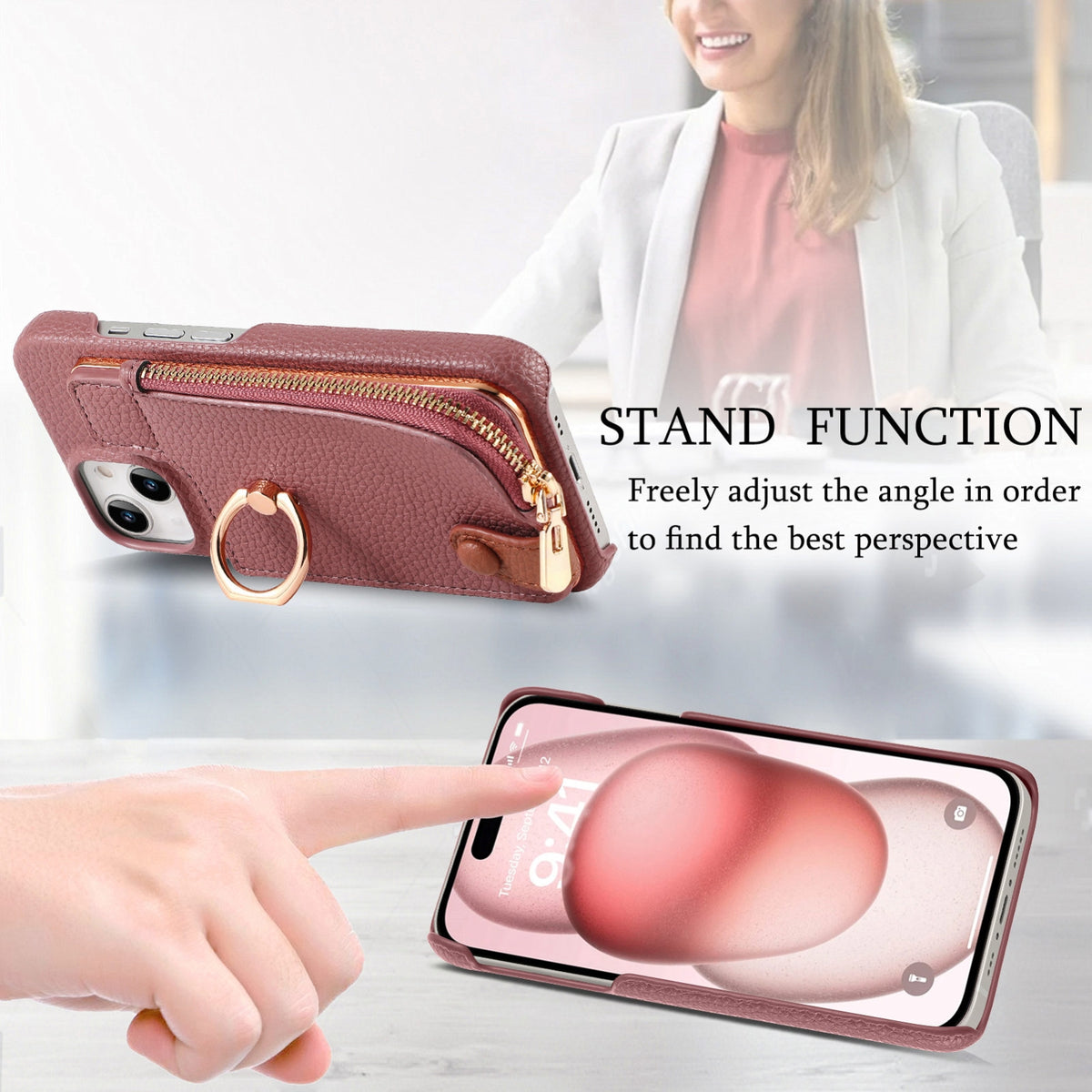 ELECTROPRIME For iPhone 15 Plus Litchi Leather Oil Edge Ring Zipper Wallet Back Phone Case(Jujube Apricot)