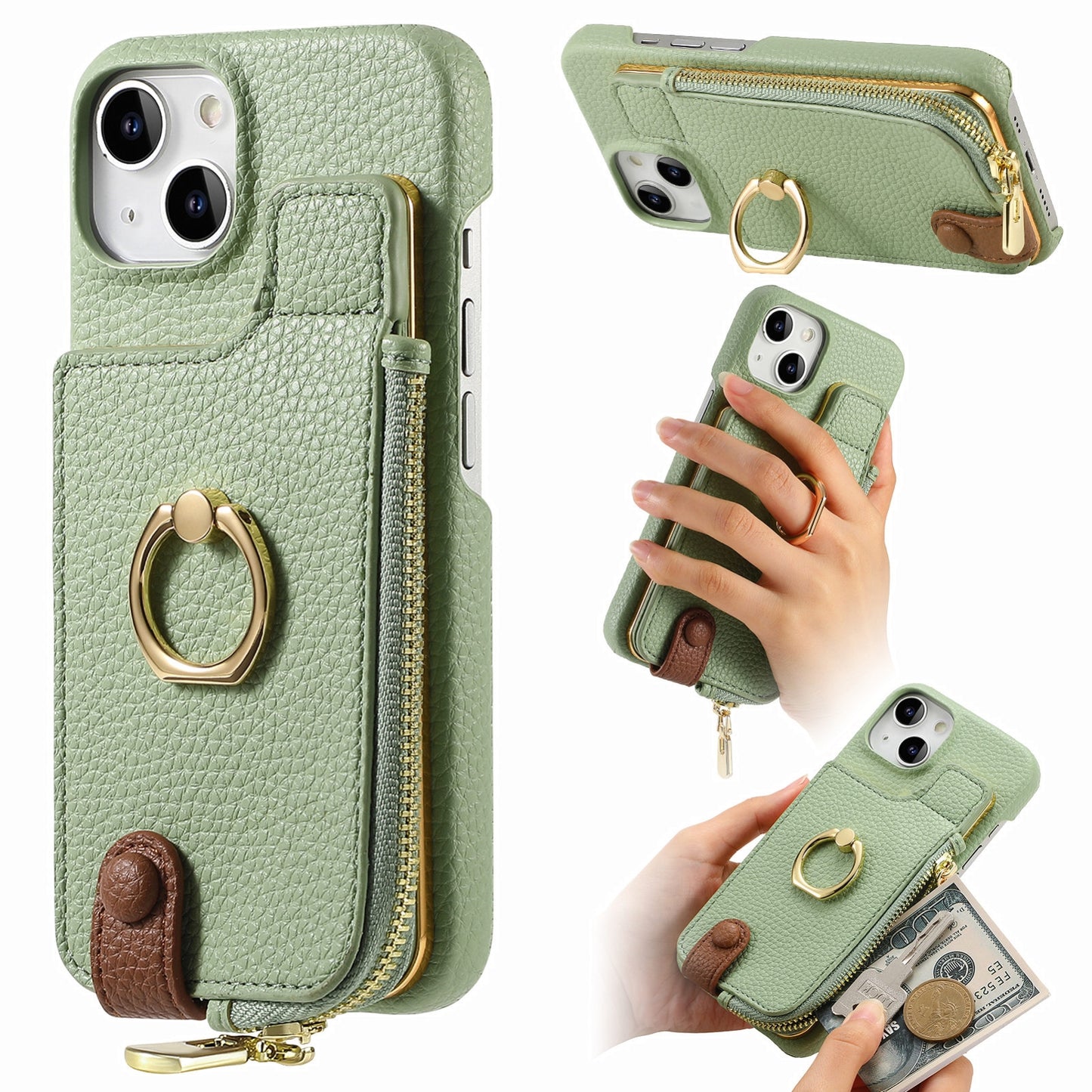 ELECTROPRIME For iPhone 15 Litchi Leather Oil Edge Ring Zipper Wallet Back Phone Case(Tea Green)