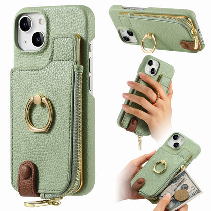 ELECTROPRIME For iPhone 15 Litchi Leather Oil Edge Ring Zipper Wallet Back Phone Case(Tea Green)