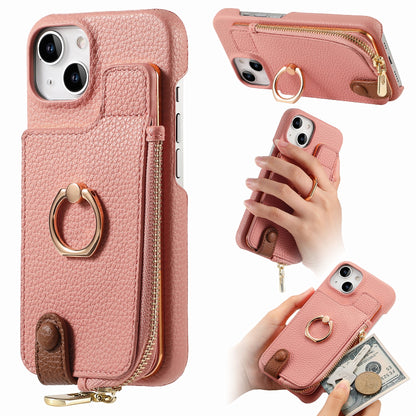 ELECTROPRIME For iPhone 15 Litchi Leather Oil Edge Ring Zipper Wallet Back Phone Case(Pink)