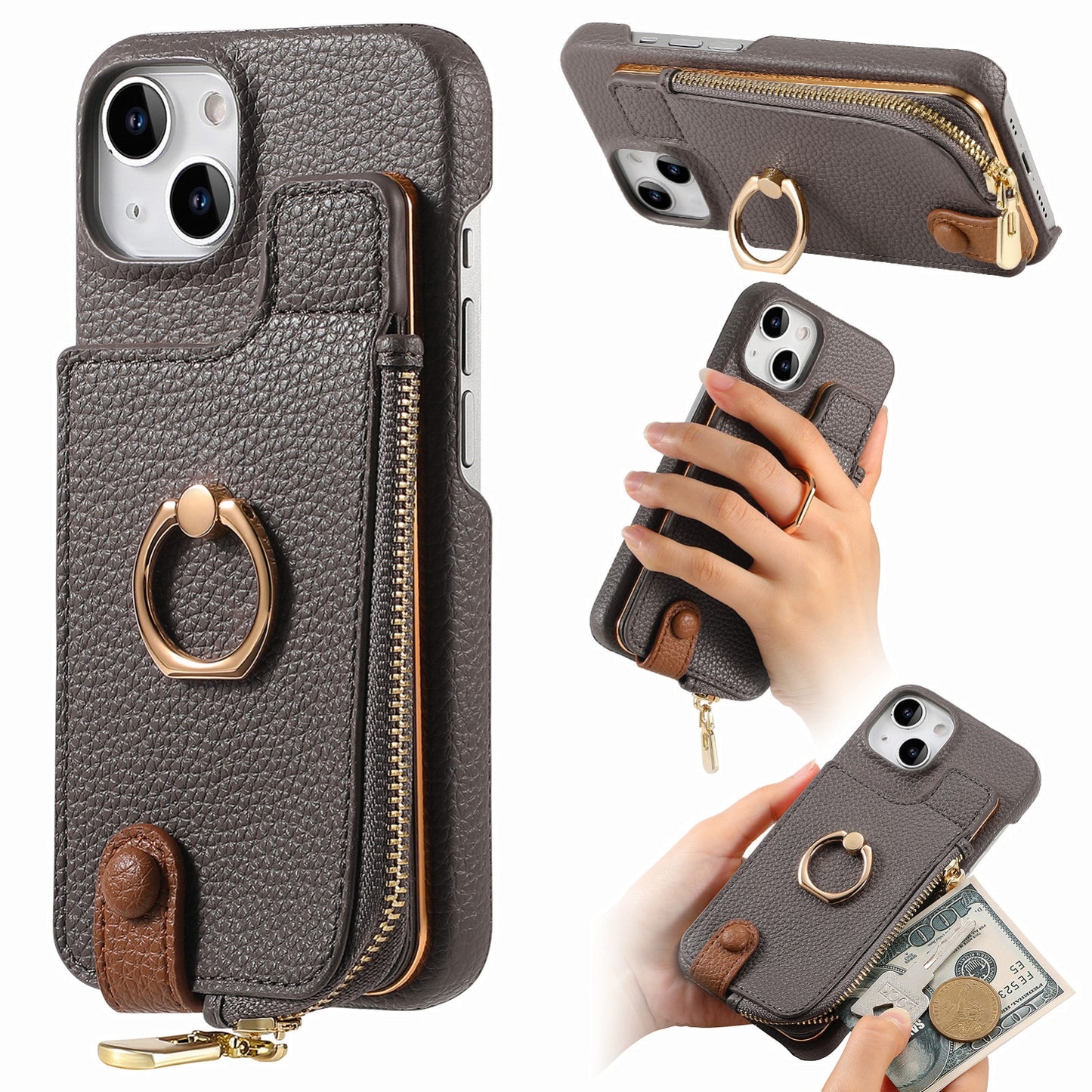 ELECTROPRIME For iPhone 15 Litchi Leather Oil Edge Ring Zipper Wallet Back Phone Case(Grey)