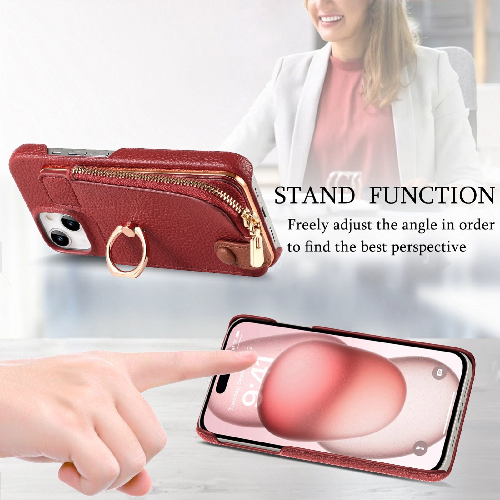 ELECTROPRIME For iPhone 15 Litchi Leather Oil Edge Ring Zipper Wallet Back Phone Case(Red)