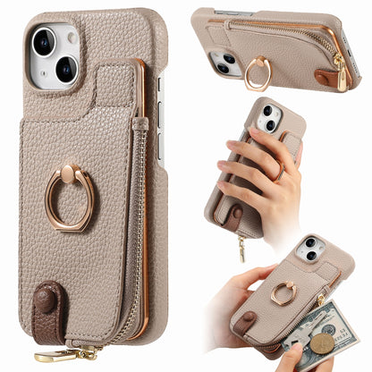ELECTROPRIME For iPhone 15 Litchi Leather Oil Edge Ring Zipper Wallet Back Phone Case(Khaki)