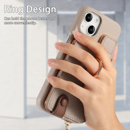 ELECTROPRIME For iPhone 15 Litchi Leather Oil Edge Ring Zipper Wallet Back Phone Case(Khaki)