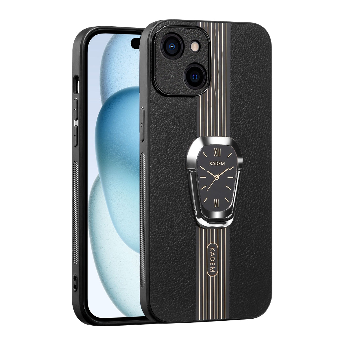 ELECTROPRIME For iPhone 15 Magnetic Litchi Leather Back Phone Case with Holder(Black)