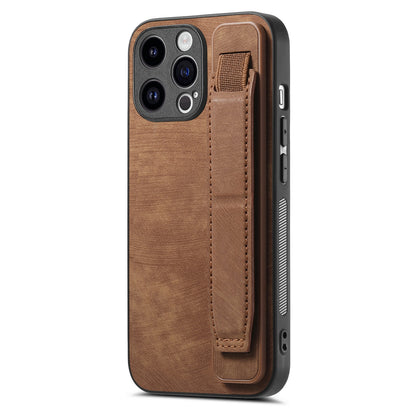 ELECTROPRIME For iPhone 15 Plus Retro Wristband Holder Leather Back Phone Case(Brown)