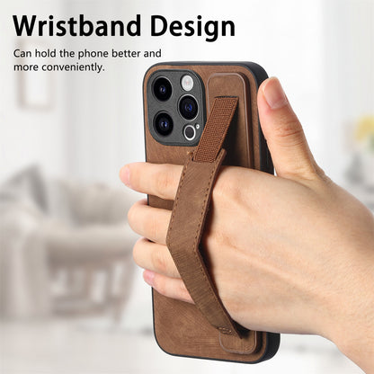ELECTROPRIME For iPhone 15 Plus Retro Wristband Holder Leather Back Phone Case(Brown)