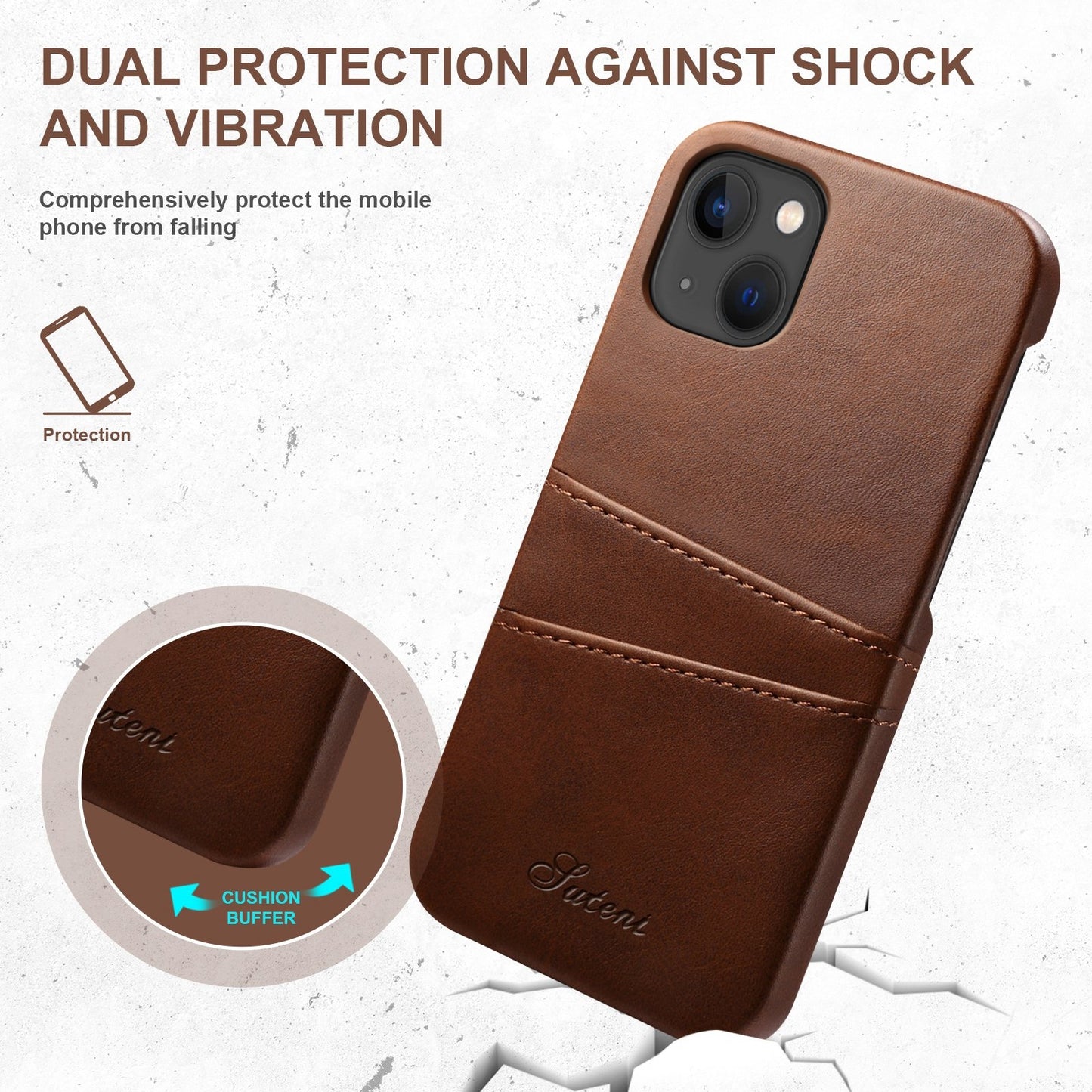ELECTROPRIME For iPhone 15 Suteni Calf Texture Back Cover Phone Case with Card Slots(Brown)