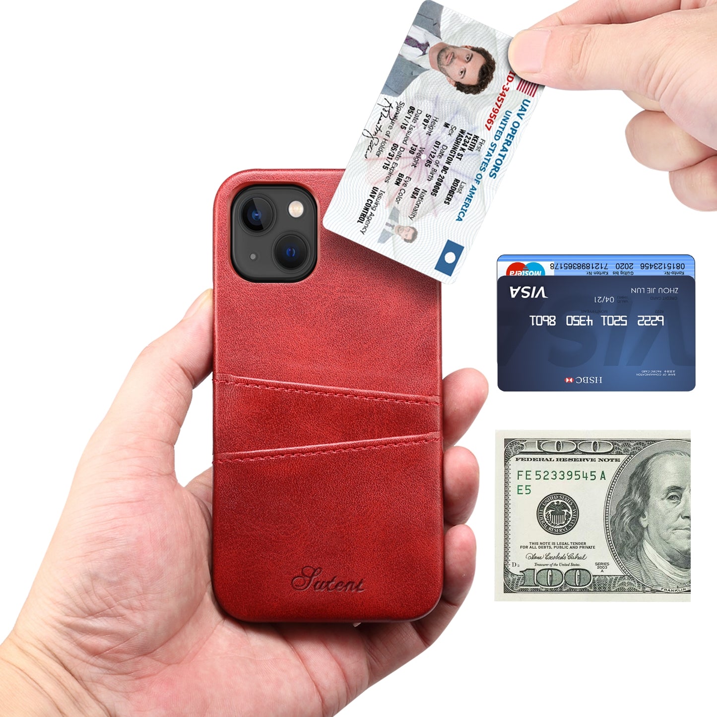 ELECTROPRIME For iPhone 15 Suteni Calf Texture Back Cover Phone Case with Card Slots(Red)