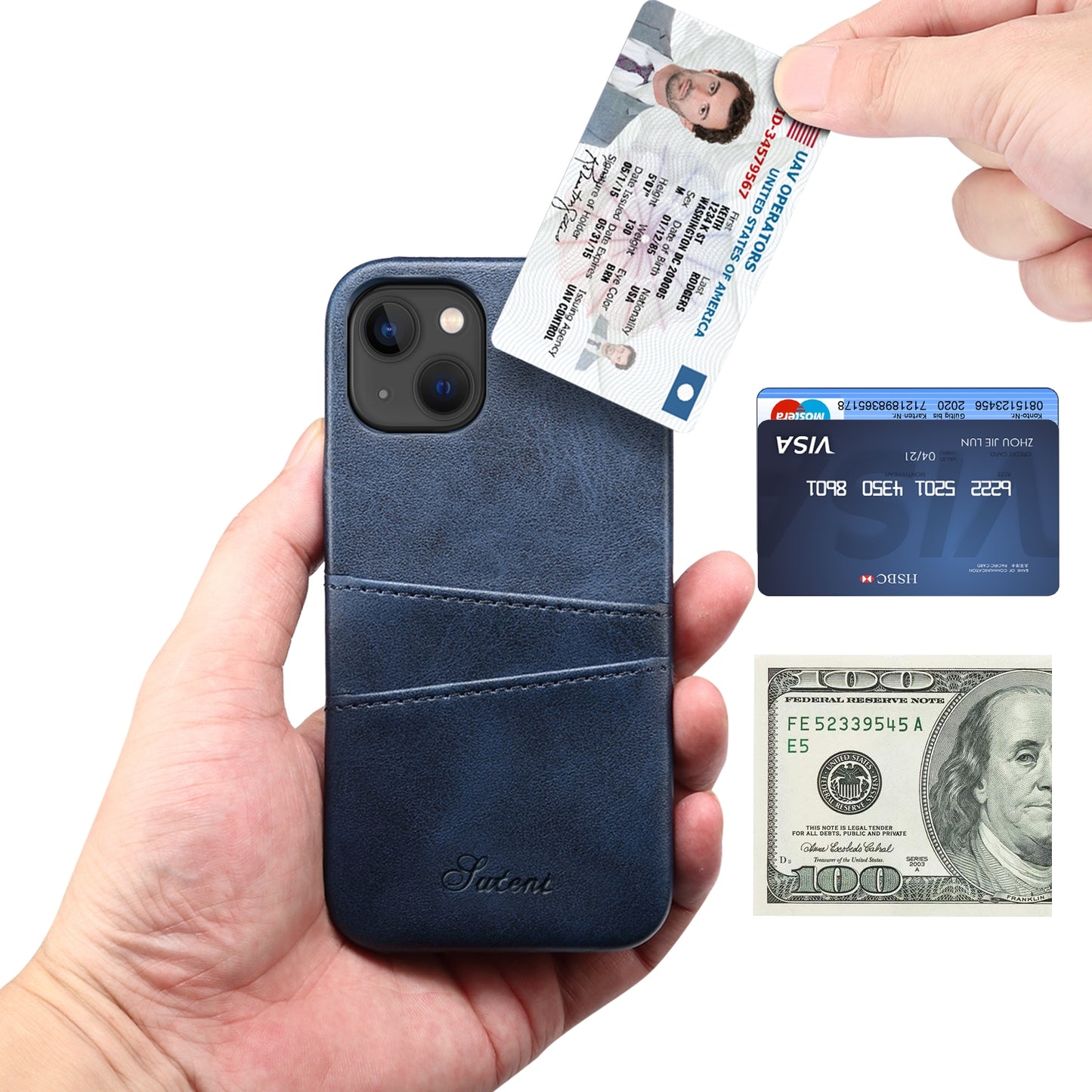 ELECTROPRIME For iPhone 15 Suteni Calf Texture Back Cover Phone Case with Card Slots(Blue)