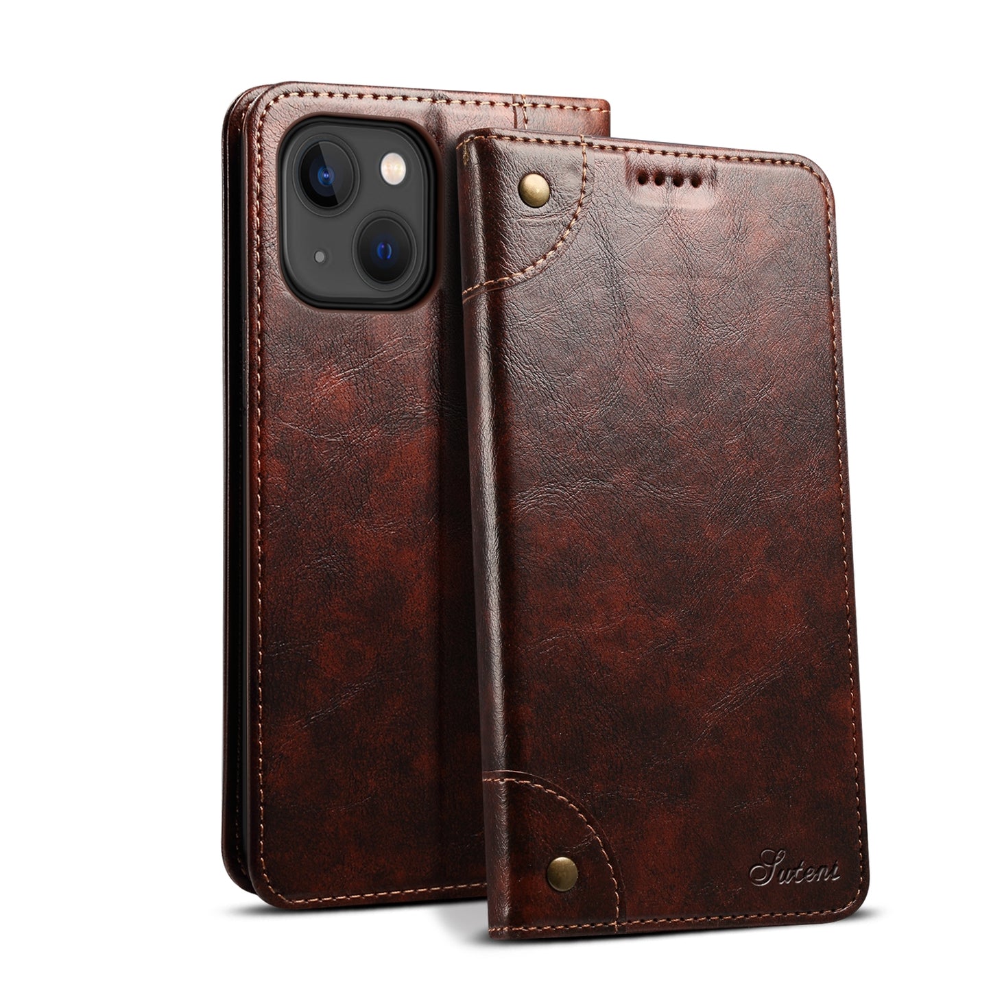 ELECTROPRIME For iPhone 15 Suteni Baroque Calf Texture Buckle Wallet Leather Phone Case(Brown)