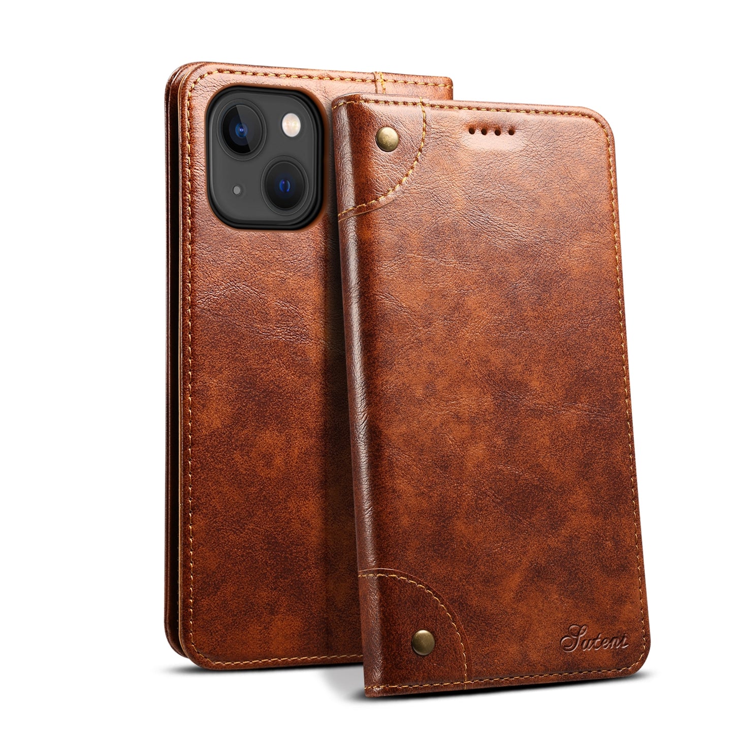 ELECTROPRIME For iPhone 15 Suteni Baroque Calf Texture Buckle Wallet Leather Phone Case(Khaki)