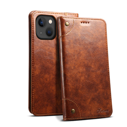 ELECTROPRIME For iPhone 15 Suteni Baroque Calf Texture Buckle Wallet Leather Phone Case(Khaki)