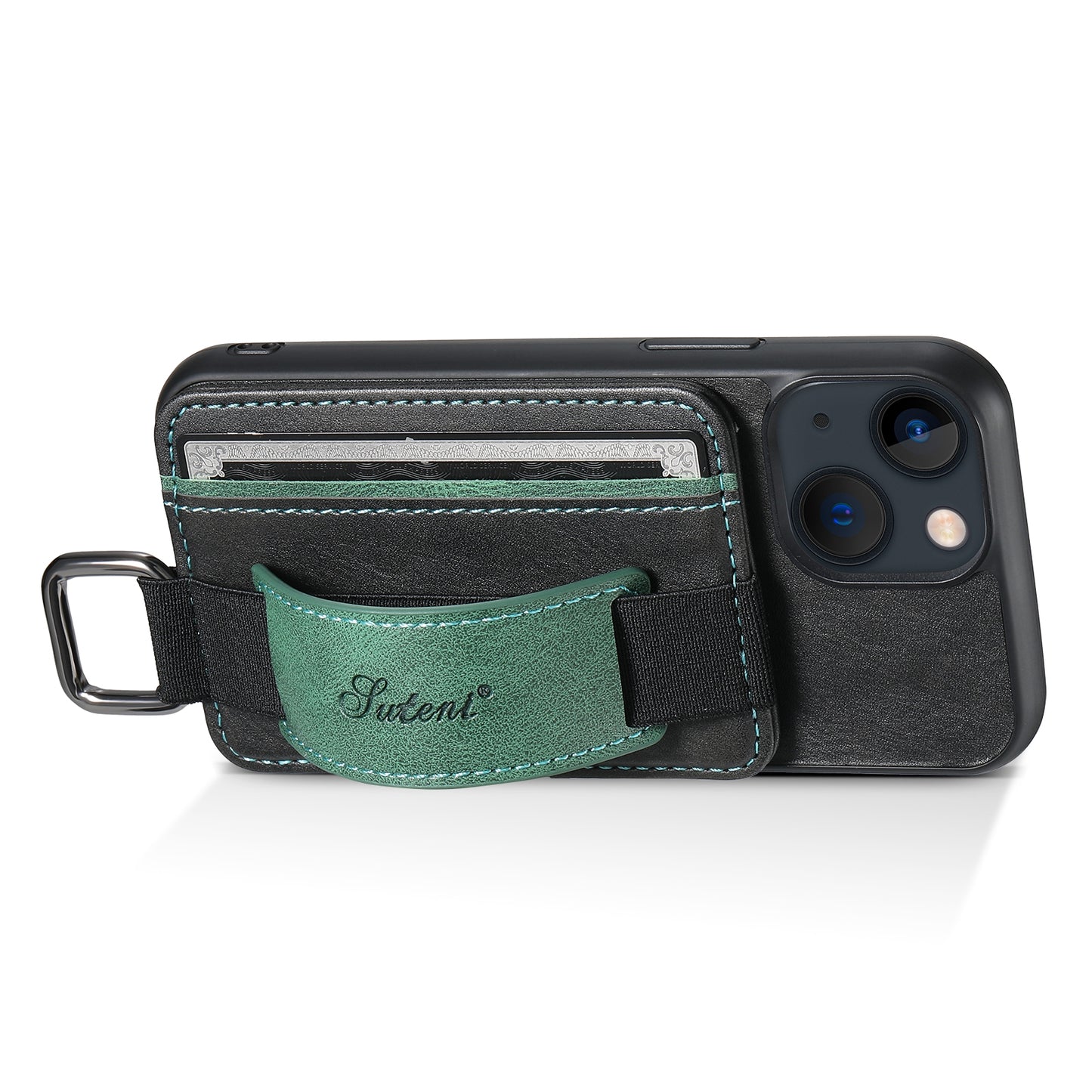 ELECTROPRIME For iPhone 15 Suteni H13 Card Wallet Wrist Strap Holder PU Phone Case(Black)