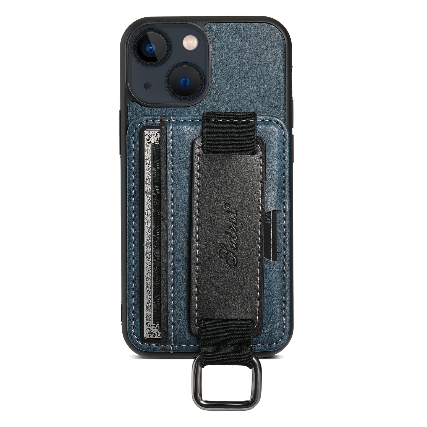 ELECTROPRIME For iPhone 15 Suteni H13 Card Wallet Wrist Strap Holder PU Phone Case(Blue)