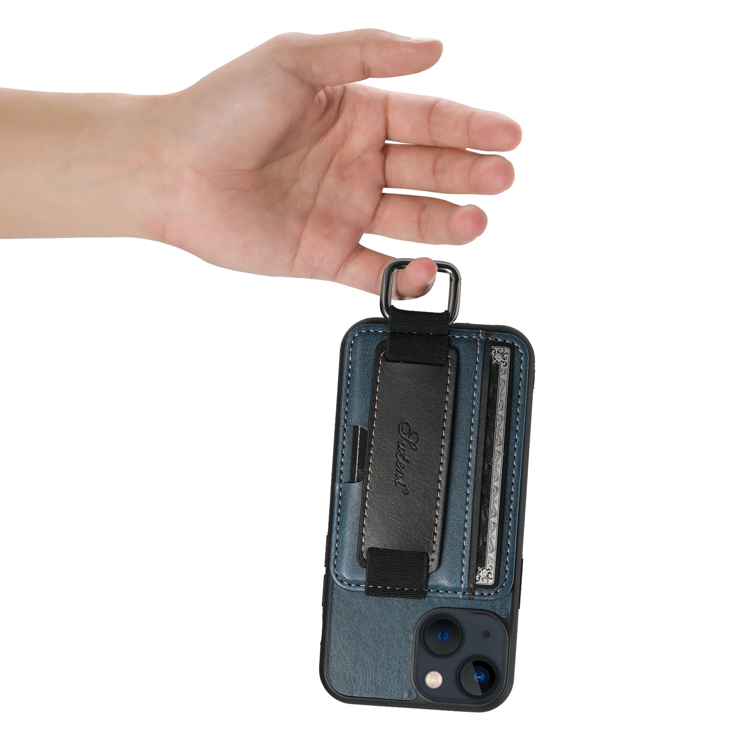 ELECTROPRIME For iPhone 15 Suteni H13 Card Wallet Wrist Strap Holder PU Phone Case(Blue)