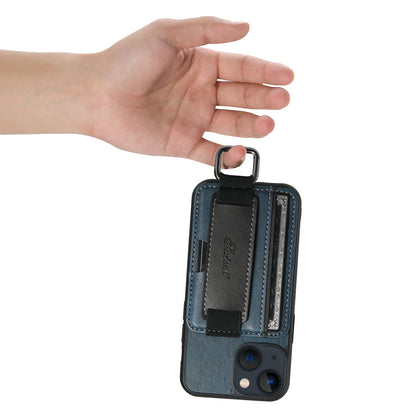 ELECTROPRIME For iPhone 15 Suteni H13 Card Wallet Wrist Strap Holder PU Phone Case(Blue)
