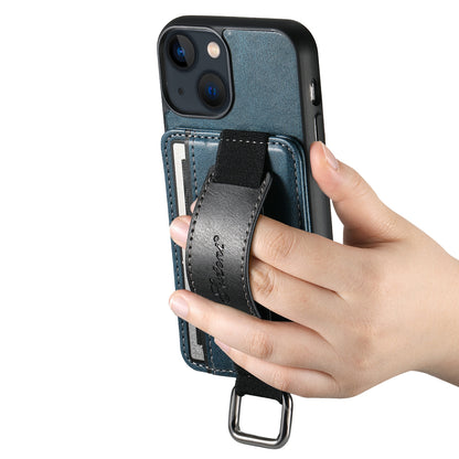 ELECTROPRIME For iPhone 15 Suteni H13 Card Wallet Wrist Strap Holder PU Phone Case(Blue)
